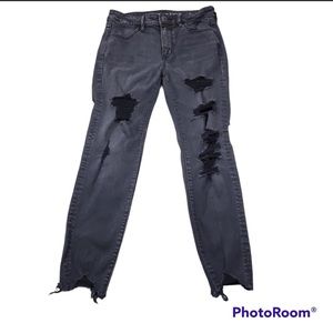 American Eagle Hi Rise Jegging Super Stretch X Black Destroyed Raw Hem Ankle 10
